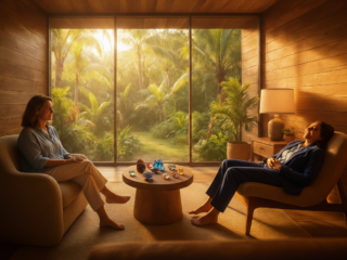 Consultório de terapia integrativa moderno com design tropical, muita madeira e luz natural, ilustrando o conceito de santuário offline e as tendências WGSN para 202