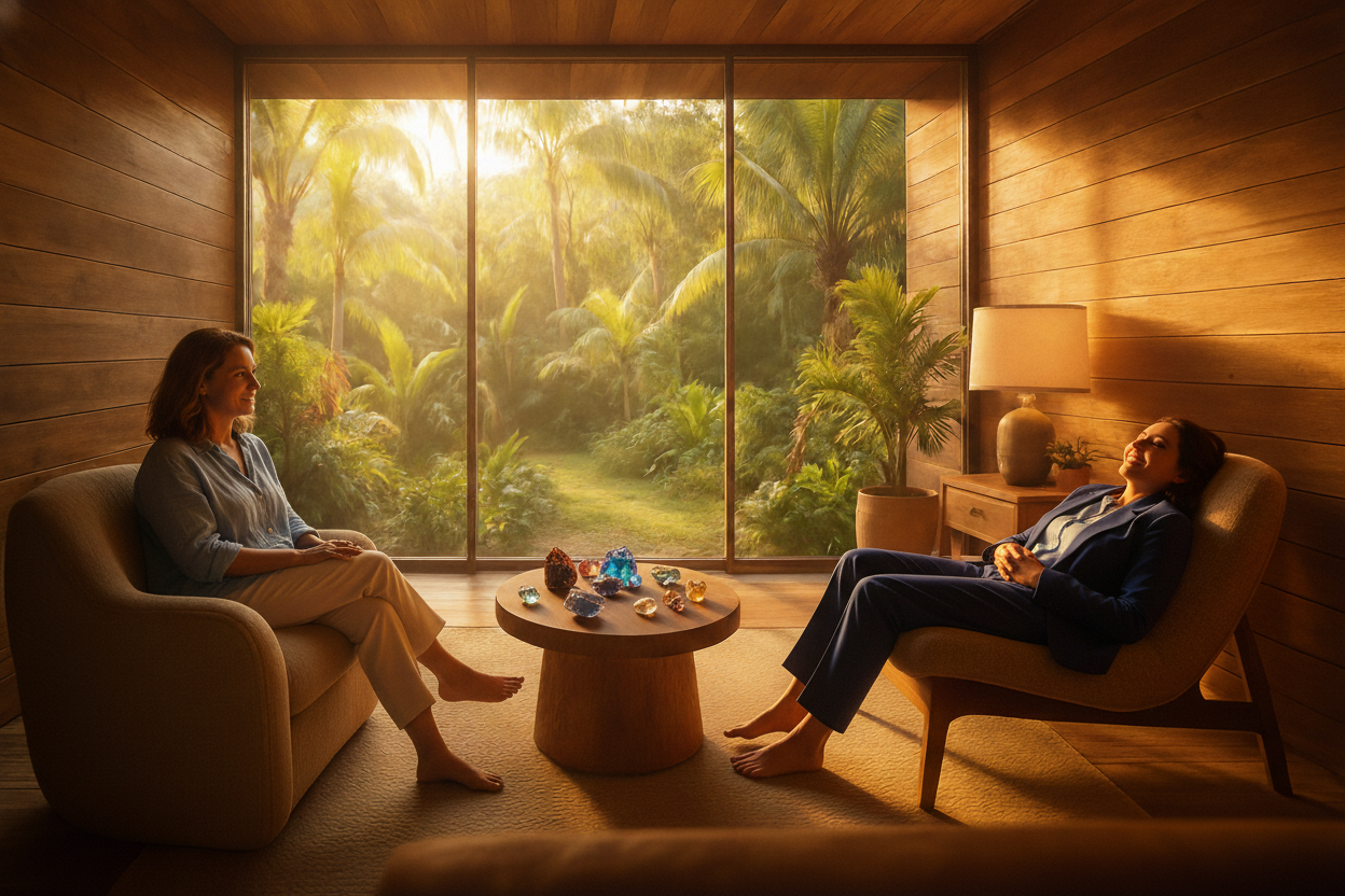 Consultório de terapia integrativa moderno com design tropical, muita madeira e luz natural, ilustrando o conceito de santuário offline e as tendências WGSN para 202