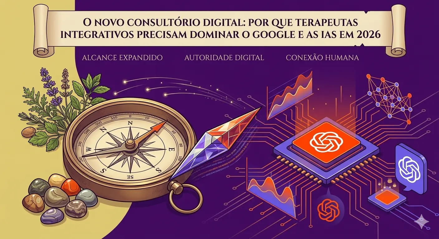 Infográfico mostrando uma bússola, cristais e um processador de IA, ilustrando o domínio do Google para terapeutas integrativos.